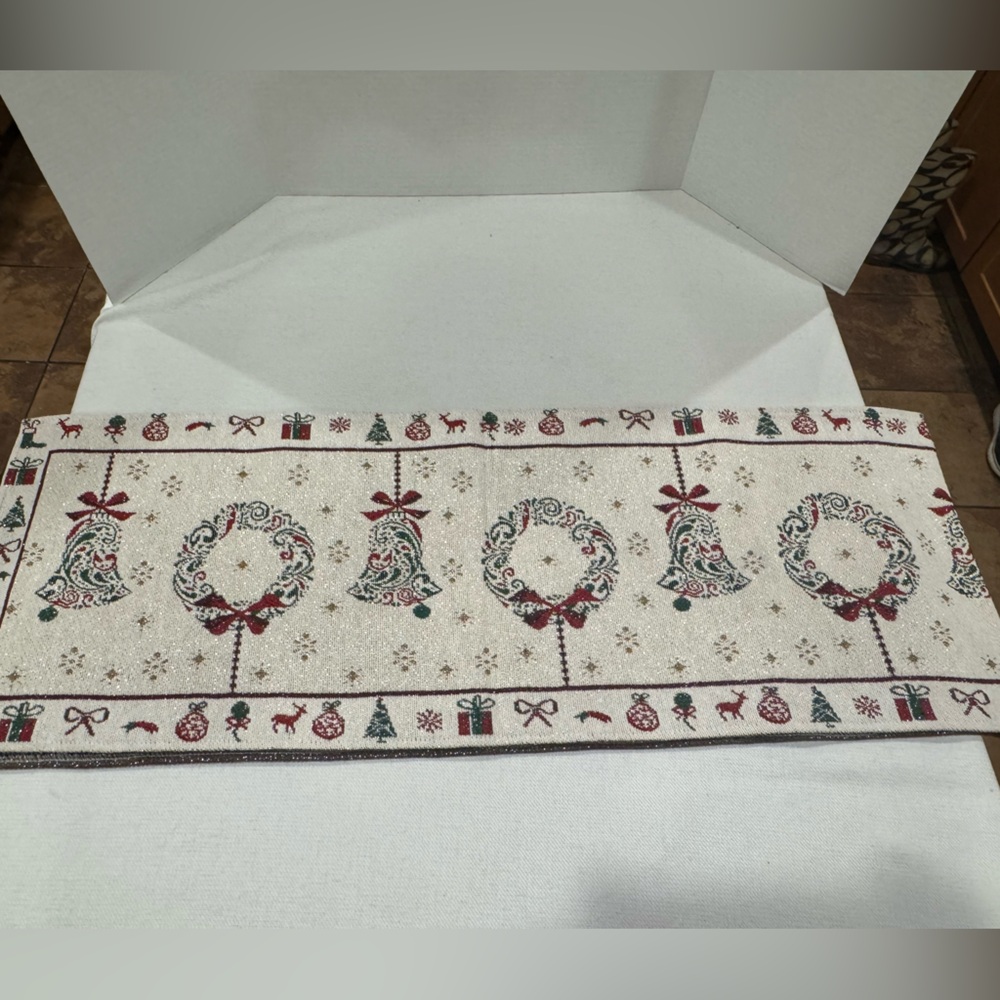 Christmas Holiday Table Runner Wreaths Bells Deer Snowflakes Trees Shimmery